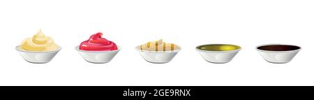 Big sauce in bowls set. Soy, Olive Oil, Mustard, Ketchup and Mayonnaise sauces. Condiment elements for food design. Stock Vector