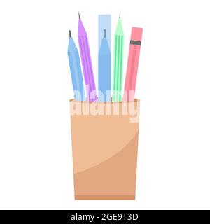 Pencils and pens in a glass vector illustration. Stationery icon flat style. Desktop organizer for student or office worker. Stock Vector