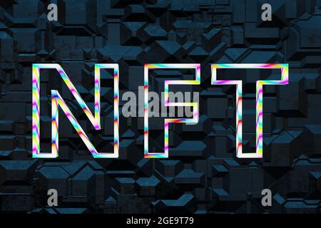 NFT Non Fungible Tokens Neon Text On Abstract 3D Background Crypto Art Collectibles Concept. Stock Photo