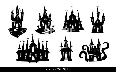 Silhouette of haunted house, ghost mansion, castle. Black silhouettes of Halloween creepy mansions set. Vector set of black silhouettes of Halloween c Stock Vector