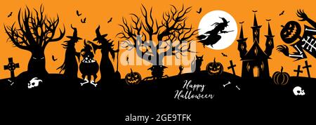 Halloween vector silhouette banner with witches, cauldron, haunted castle and jack o lantern ghost. Creepy landscape with traditional halloween elemen Stock Vector