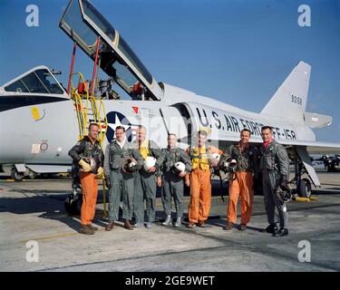 (20 Jan. 1961) --- Photo of the Mercury astronauts standing beside a Convair 106-B aircraft. They are, left to right, M. Scott Carpenter, L. Gordon Cooper Jr., John H. Glenn Jr., Virgil I. Grissom, Walter M. Schirra Jr., Alan B. Shepard Jr. and Donald K. Slayton. EDITOR'S NOTE: Astronaut Gus Grissom died in the Apollo 1 -- Apollo/Saturn (AS-204) -- fire at Cape Kennedy, Florida on Jan. 27, 1967. Astronaut Deke Slayton died from complications of a brain tumor, in League City, Texas on June 13, 1993. Astronaut Shepard died after a lengthy illness in Monterey, California, on July 21, 1998. As of Stock Photo