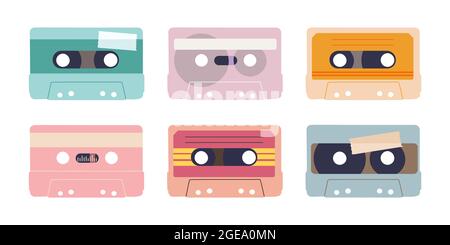 Various audio tapes. Isolated illustration of audio cassettes. Set of vector elements for retro design. Stock Vector