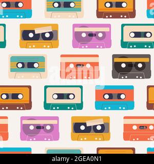 Seamless pattern with audio cassettes. Repetitive audio tapes for retro design. Vector EPS 10. Stock Vector