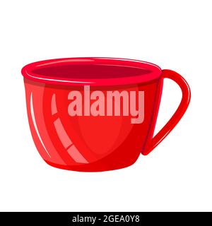 Red cup isolated on white background. Empty porcelain mug for drinks front view. Ceramic coffee or tea cup icon. Cup with handle. Vector illustration Stock Vector