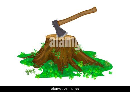 Stump with axe isolated on white background.Hatchet in stub.Woodworking, camping icon.Deforestation, wood devastation and ecosystem destruction.Vector Stock Vector