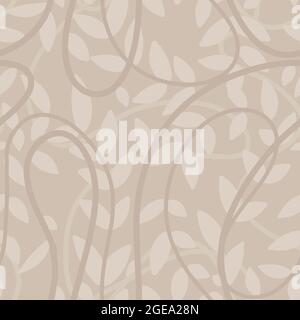 light taupe beige seamless pattern with hand drawn leaves and liana branch. Stock Vector