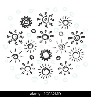 sun with sunburst hand drawn set in doodle sketch style. collection of suns drawn by brush strokes free hand Stock Vector