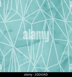 teal green seamless pattern with watercolor stains and polygonal line triangles, endless vector background. Stock Vector