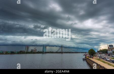 Shelf cloud moving over Riga city, capital of Latvia, timelapse movie Stock Photo