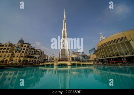 The Burj Khalifa towers over the desert oasis of Dubai. Stock Photo
