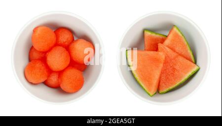 Watermelon slices and balls, in white bowls. Freshly cut out spheres, and triangular shaped pieces of ripe and seedless Citrullus lanatus. Stock Photo