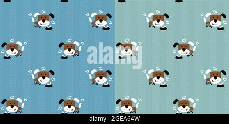 Funny brown puppies with multi-colored ears. Cute dogs and a plate with bones on a turquoise background. Endless pattern. Vector illustration of tiles Stock Vector