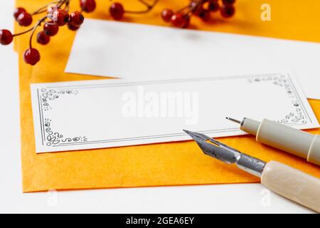 Handmade blank place cards, copy space. Stock Photo