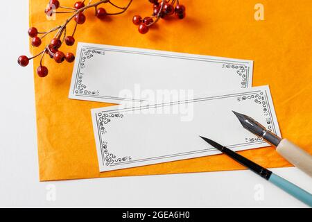 Handmade blank place cards, copy space. Stock Photo