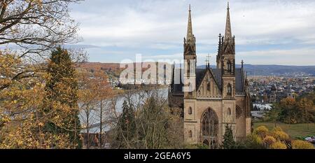 Remagen Germany November 2020 Apollinariskirche Remagen with view on the Rhine in beautiful autumn weather Stock Photo