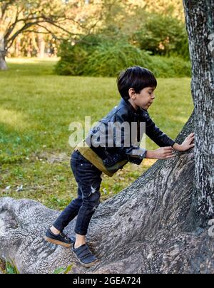 brunette kid playing in forest leaning against a tree trunk, casual dress. vertical Stock Photo