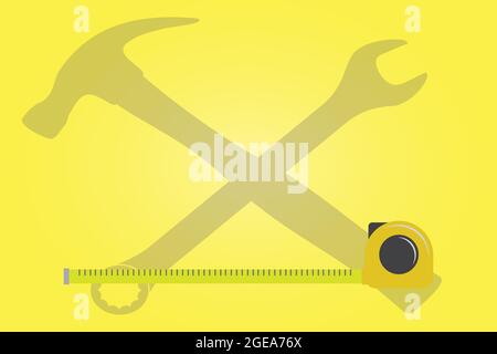 Industrial template with copy space. Construction fixing presentation template with measuring tape and tools in background. Vector and illustration de Stock Vector