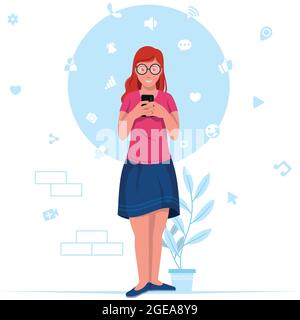 Vector design young man with mobile, young woman searching internet Stock Vector