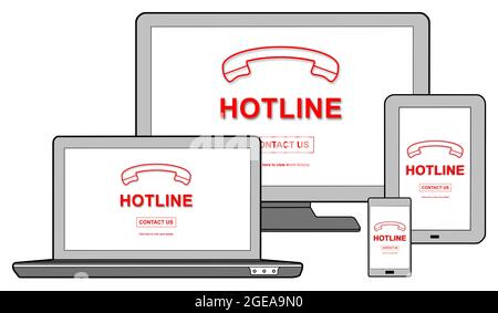 Hotline concept shown on different information technology devices Stock Photo
