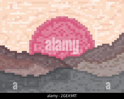 Pixel landscape with mountains and sun. Sunrise over the mountains in pixel art style. Retro 8-bit video game of the 90s in 2D. Vector illustration Stock Vector