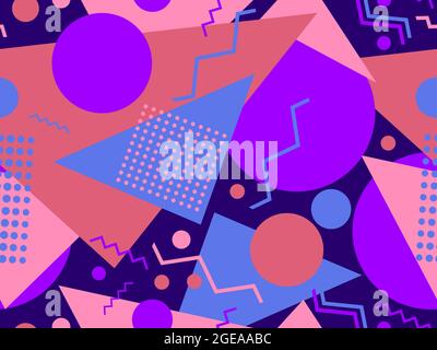 Geometric seamless pattern in 80s memphis style. Geometric shapes triangles, circles and dots. Trendy retro background for printing on paper, advertis Stock Vector