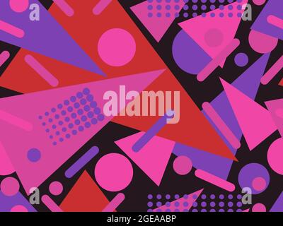 Geometric seamless pattern in 80s memphis style. Geometric shapes triangles, circles and dots. Trendy retro background for printing on paper, advertis Stock Vector