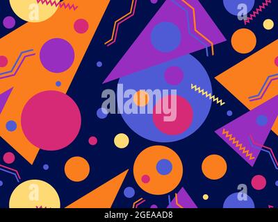 Geometric seamless pattern in 80s memphis style. Geometric shapes triangles, circles and dots. Trendy retro background for printing on paper, advertis Stock Vector