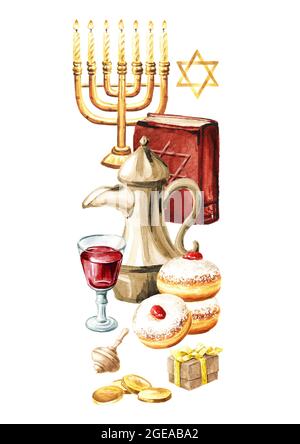 Jewish holiday Hanukkah concept border, menorah, traditional donut, jug, some coins. Hand drawn watercolor illustration, isolated on white background Stock Photo