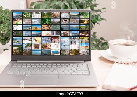 Many different images in video streaming on screen laptop. Digital video and mobile media concept Stock Photo