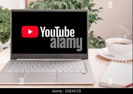 Moscow, Russia - August 17, 2021 : Laptop computer displaying logo of YouTube. YouTube is video-sharing website allows users to upload, view, and shar Stock Photo