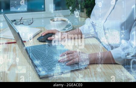 Business and technology, software development, IoT concept. Double exposure, woman programmer, software developer working on laptop. Businesswoman usi Stock Photo