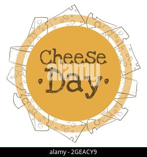 Modern design concept for cheese label. Round yellow sticker on food packaging. Minimalist linear frame with cheeses of different types and varieties. Stock Vector
