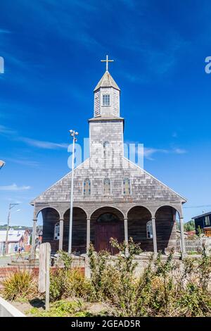 Church of Santa Maria de Loreto in Achao village, Quinchao island, Chile Stock Photo