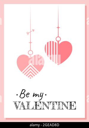 Pink and red hearts with geometric ornaments on pendants. White and pink gift card for Valentine's Day. The inscription Be my Valentine. Creative gift Stock Vector