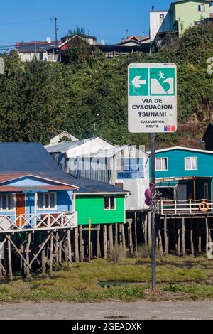 Tsunami Hazard Zone Sign in Castro town, Chile Stock Photo