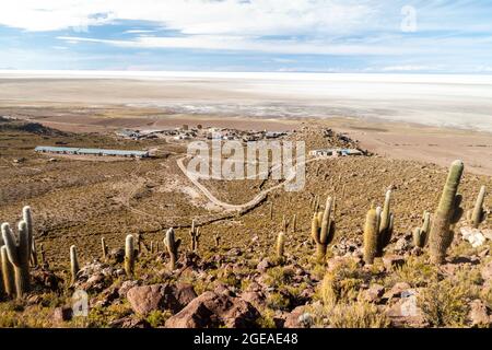 Puerto Chuvica village, located by Salar de Uyuni salt plain in Bolivia. Stock Photo