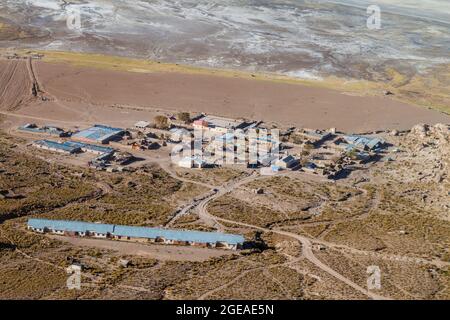 Puerto Chuvica village, located by Salar de Uyuni salt plain in Bolivia. Stock Photo