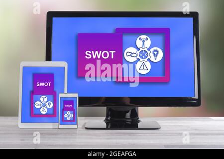 Swot concept shown on different information technology devices Stock Photo