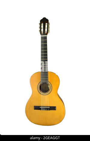 Brown acoustic six-string wooden guitar stands vertically on a white background Stock Photo