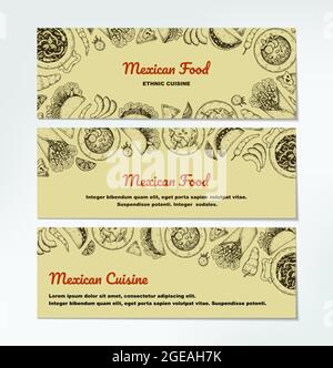 Set of and drawn Mexican food horizontal banners. Vector illustration in sketch style Stock Vector