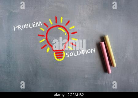 Concept of problem solving, creativity, idea or innovation. Chalkboard drawing image of lightbulb with text PROBLEM and SOLUTION Stock Photo