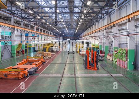 Train Inide Factory Inside of the rail car assembly plant. Industrial workshop for the ...