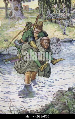 Friar Tuck carries Robin Hood across the stream.  After a 1912 illustration by Louis Rhead in the book Bold Robin Hood and His Outlaw Band. Stock Photo