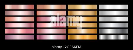 Metal Gradient Collection of Rose Gold, Golden and Silver Swatches Stock Vector