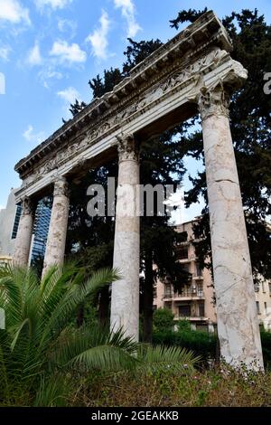 Roman colonnade on Damascus Street, opposite the National Museum, Beirut, Lebanon. Formerly from a basilica it was discovered in 1940 in Beirut. Stock Photo