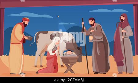 Scene of jesus christ birth in wooden manger flat vector illustration Stock Vector