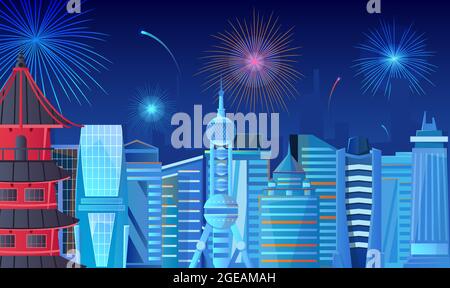 Colorful fireworks in night sky above city on chinese new year day flat vector illustration Stock Vector