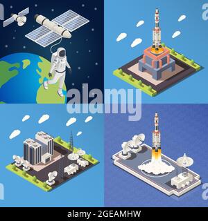 Isometric 2x2 design concept with research command center launching rocket astronaut in outer space 3d isolated vector illustration Stock Vector
