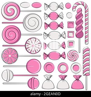 Set of color illustrations with colored pink sweets. Isolated vector objects on white background. Stock Vector